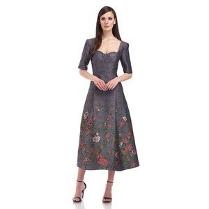 Kay Unger Nikita Tea Length Dress Gunmetal Sweetheart Neck Fit & Flare Womens 8